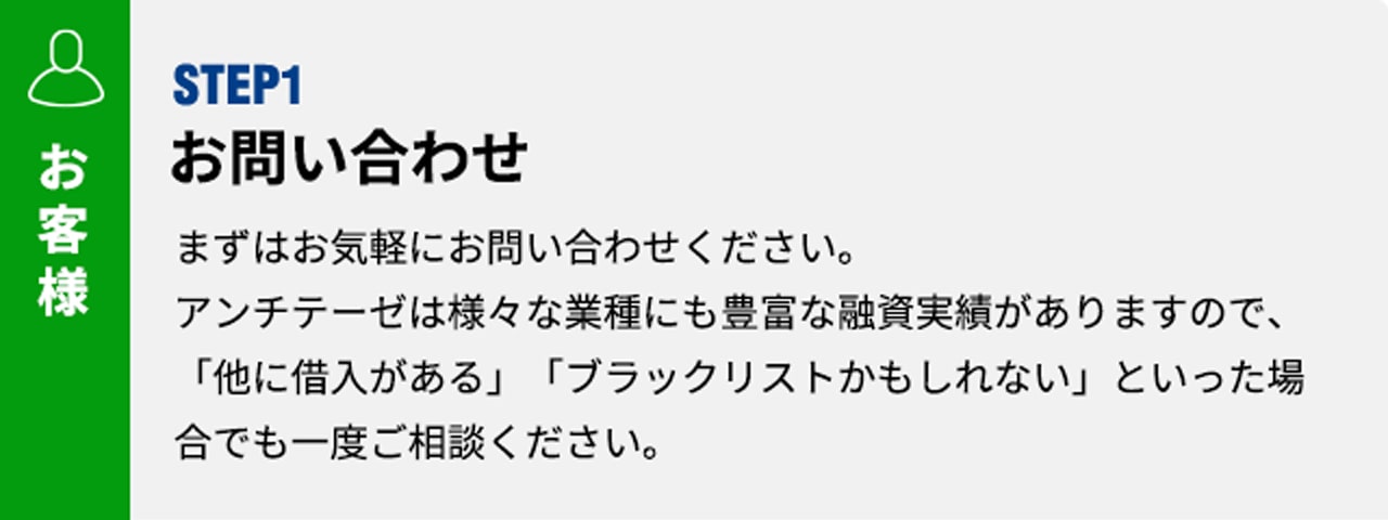 [お客様]STEP1 お問い合わせ まずはお気軽にお問い合わせください。アンチテーゼは様々な業種にも豊富な融資実績がありますので、「他に借入がある」「ブラックリストかもしれない」といった場合でも一度ご相談ください。